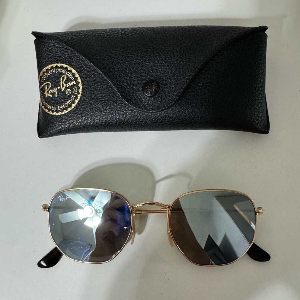 Hexagon Ray-Ban Gold Sunglasses with Silver Mirror Lenses